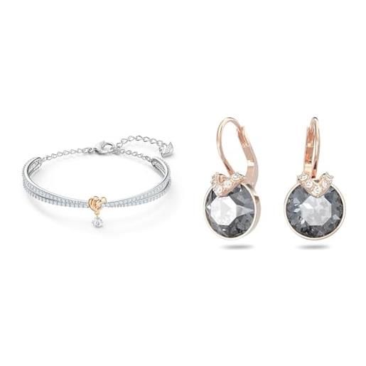 Swarovski bracciale rigido lifelong heart, cuore, bianco, mix di finiture & orecchini pendenti bella v, taglio tondo, grigi, placcato color oro rosa