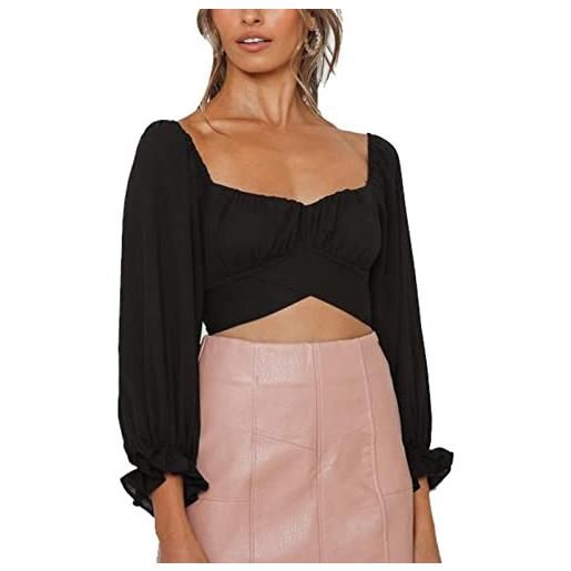 Cocoarm camicia da donna a maniche lunghe con scollo a barchetta e spalle scoperte con volant e maniche lunghe con maniche lunghe a sbuffo camicetta con allacciatura sul retro per il tempo libero(l-tipo 1)