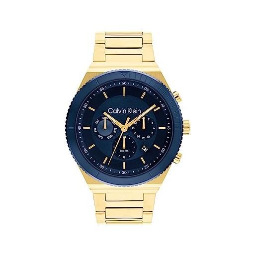 Calvin Klein orologio analogico multifunzione al quarzo da uomo con cinturino in acciaio inossidabile dorato - 25200302, blue & gold