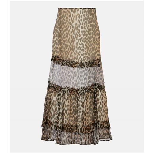 Ganni gonna lunga in chiffon con volant e stampa leopardata
