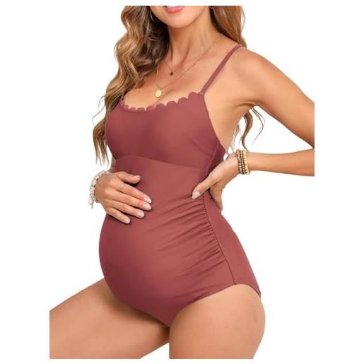 CUPSHE costume da bagno premaman intero con scollo rotondo da donna smerlato con lacci sul retro incrociato cravatta gravidanza, marrone, l