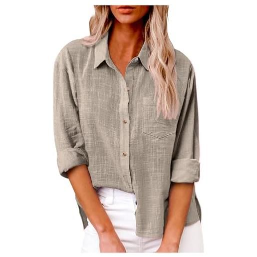 Generico donna camicia casual in lino leggero comodo casual maglietta primavera oversize estive camicie in cotone maniche lunghe traspirante tinta unita camicetta con bottoni lavoro vintage camicia in lino