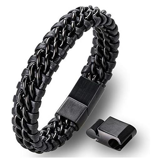 Bracciale Pelle Nera Chiusura Magnetica Bracciale Uomo In Pelle Intrecciata Con Fibbia Magnetica Acciaio Inox - Regolabile Per Polso 8-8.5" Bracciale Fibbia Magnetica Nero