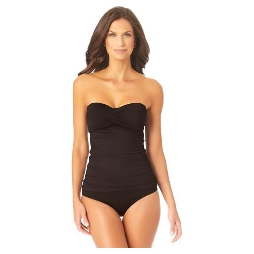 Anne Cole women's solid twist front shirred bandeau tankini swim top, black i, small