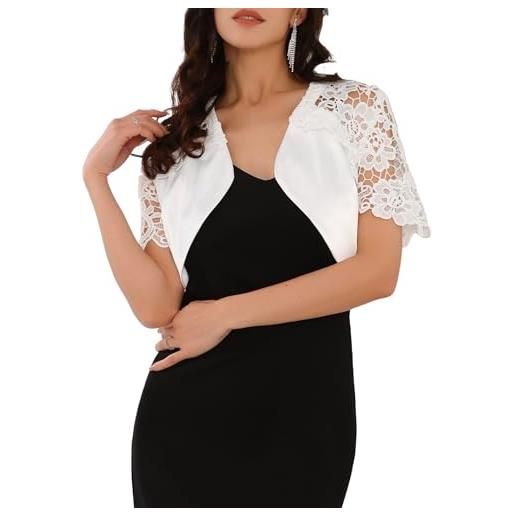 WOMLAYOUT donna coprispalle in pizzo elegante bolero raso, a maniche corte, elegante da cocktail cardigan corto bianca s