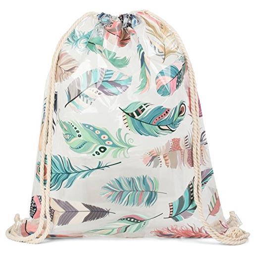 styleBREAKER borsa da palestra trasparente con stampa con piume, impermeabile, borsa sportiva, zaino, borsa, unisex 02012251, colore: multicolore
