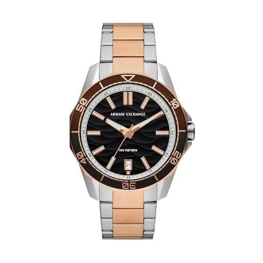 Armani Exchange orologio per uomo, movimento al quarzo con data a tre lancette e cassa da 44 mm con cinturino in acciaio o silicone, tono argento e marrone