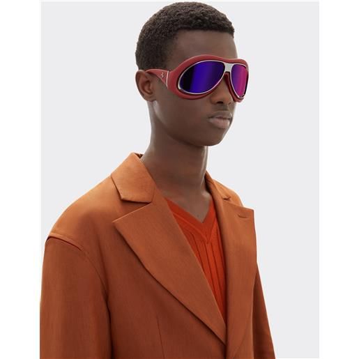 Ferrari occhiale da sole in pelle rossa e metallo canna di fucile con lenti color oro rosa specchiate - Ferrari collection rosso corsa os