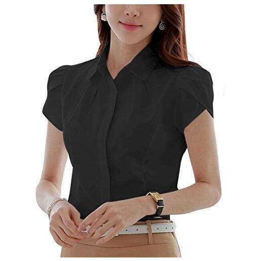 Putaowor camicia da donna in cotone a maniche corte pieghevole camicetta a righe, nero solido, 56