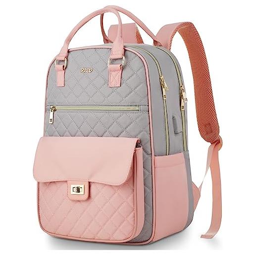 RJEU zaino università donna, zaino scuola ragazza, zaino porta pc 15,6 pollici con tasca antifurto per casual lavoro viaggio ufficio, impermeabile, regali, rosa+grigio