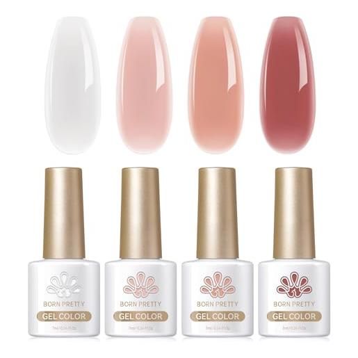 BORN PRETTY smalto gel semi-permanente bianco rosa nudo chiaro, smalto gel uv trasparente serie peach haze regalo per manicure fai da te casa, 7ml 4pcs