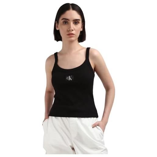 Calvin Klein jeans donna canotta woven label rib scollo a u, nero (ck black), l