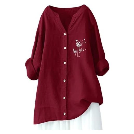 Generic camicie estive in lino da donna casual manica 3/4 cotone baggy top manica lunga oversize vestiti da donna garza plus size scollo a v 2025 vestibilità ampia tinta unita donna garza crinkle primavera