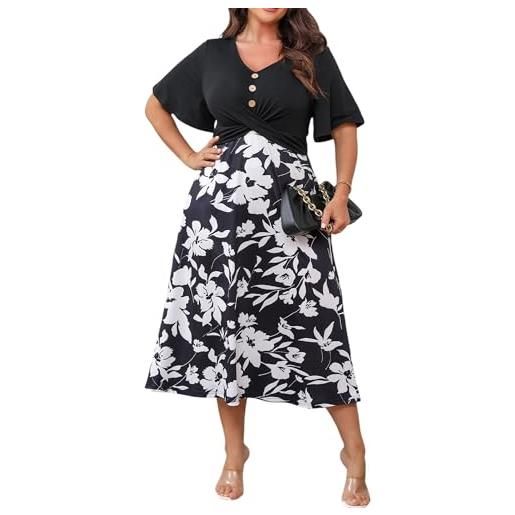 LapaPlus 2025 abito estivo floreale taglie forti per donne curvy - elegante abito midi casual con scollo a v con tasche a maniche corte, nero , 3xl (plus)