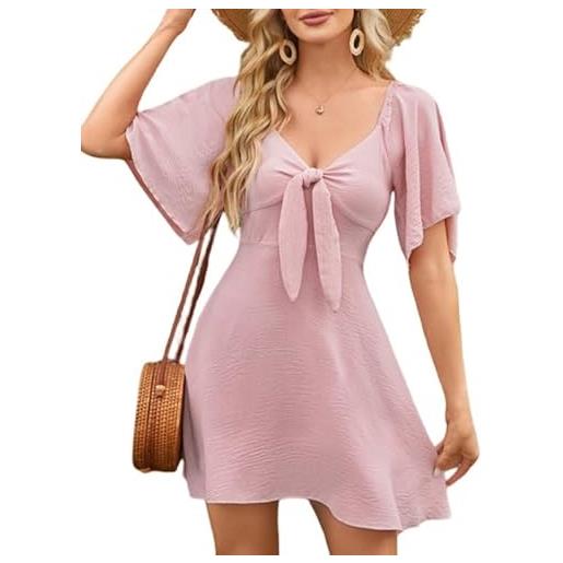 Sukiglam abito donna vestito estivi elegante maniche corte vita alta a line abiti papillon scollo a v casual vestitino corto mini vestiti con elastico posteriore