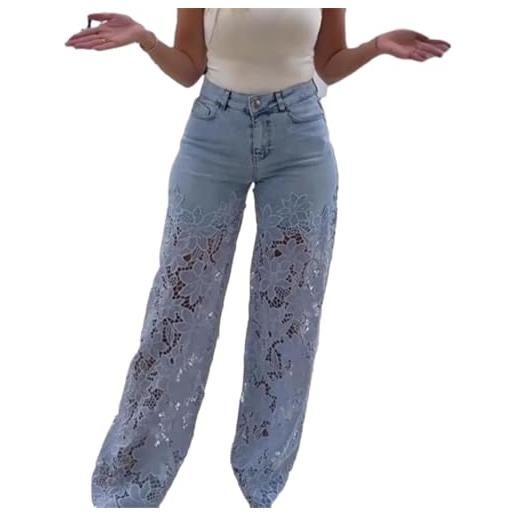 Hecatombic jeans da donna eleganti casual retrò larghi con giunture in pizzo e motivo a scheletro jeans dritti a vita alta alla moda hip-hop punk gotico per uscire e feste (azzurro, l)