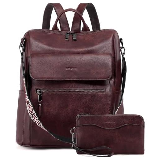 VASCHY zaino in pelle con portafoglio - borsa donna elegante per viaggio, lavoro e scuola - grande capacità borgogna