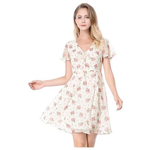 Allegra K - abito da donna in chiffon con scollo a v a maniche corte con stampa floreale primaverile estate svasato, bianco, m