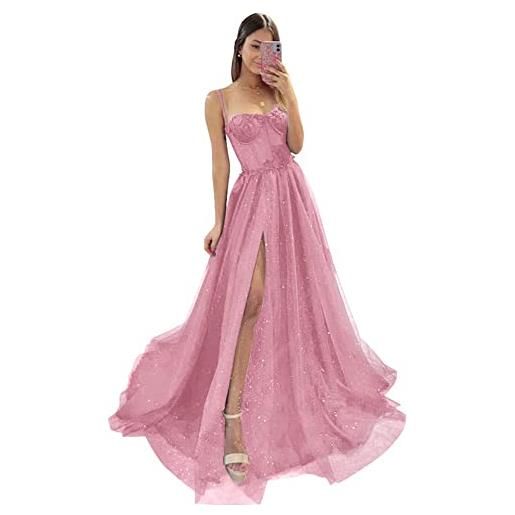 Generico glitter tulle prom dresses spaghetti straps lace appliques abiti da sera formali abito da festa sweetheart a fessura alta hot pink xxs