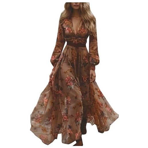 Generic abito boho da donna, lungo, vintage, stile rustico, scollo a v, motivo floreale, casual, maniche lunghe, leggero, elegante, chiffon, marrone, m