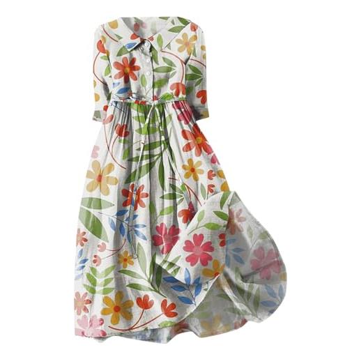 BFSWL abito in lino da donna, estivo, maniche a 3/4, con colletto bubik, con stampa floreale, in cotone e lino, con linee ad a, con cintura, per il tempo libero, verde chiaro, l