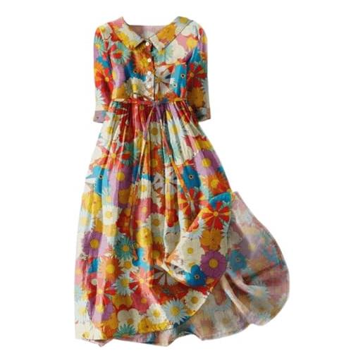 BFSWL abito in lino da donna, estivo, maniche a 3/4, con colletto bubik, con stampa floreale, in cotone e lino, con linee ad a, con cintura, per il tempo libero, verde chiaro, l