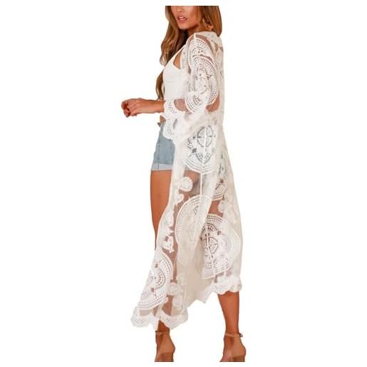 Youkd cardigan da donna in pizzo trasparente, stile boho, lungo, kimono, spiaggia, copricostume da bagno, b bianco, etichettalia unica