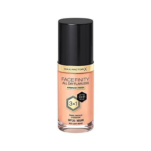 Max Factor fondotinta facefinity all day flawless - correttore, fondotinta liquido e primer viso 3-in-1, formula vegan, copertura modulabile, tenuta fino a 30 ore, spf20 - n32 light beige, 30 ml