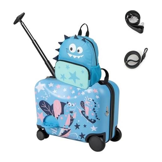 SOARS set di valigia cavalcabile 18'' + zaino 12'' per bambini 2 pezzi, bagagli 2-in-1 di con maniglia telescopica e 4 ruote, trolley bagaglio a mano e zaino per bambini (blu dinosauro)