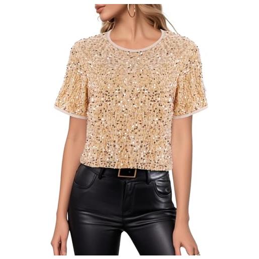 Segreto top da donna con paillette, a maniche corte, girocollo, largo, lucido, per feste, abbigliamento festivo, paillettes in maglia dorata, xl