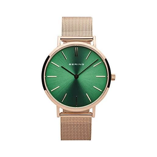 BERING 14134-368 orologio da donna al quarzo, orologio da polso con cassa in acciaio inossidabile color oro rosa da 34 mm e quadrante verde, cinturino in maglia milanese, vetro zaffiro, 3 atm