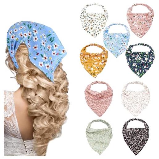 VireEyU set di 9 fascie boho per donne con design a fazzoletto triangolare, bandane in chiffon, turbanti elastici, sciarpe per capelli per donne e ragazze, motivi floreali vari