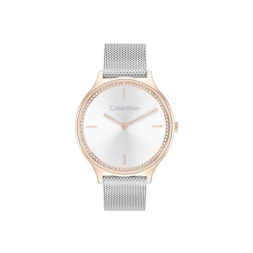 Calvin Klein orologio con movimento al quarzo a due lancette da donna collezione ck timeless con cinturino in maglia metallica in acciaio inossidabile argentato - 25100006, silver