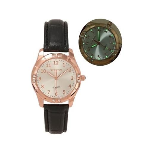 JSDDE orologio da polso da donna, classico, con numeri arabi, analogico, al quarzo, cinturino in pelle, luminoso, per donne e ragazze, nero