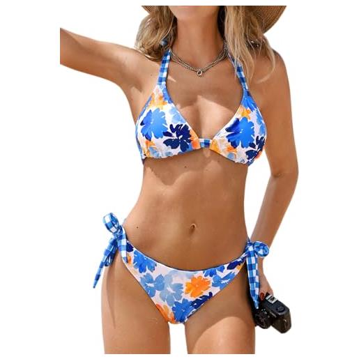 CUPSHE bikini da donna set due pezzi costume da bagno con scollo a v reversibile inferiore halter self tie back hook, bianco/blu/arancione, m