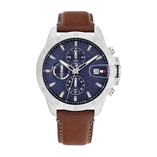 Tommy Hilfiger orologio a doppio fuso orarioda uomo con cinturino in pelle marrone - 1792195, blue
