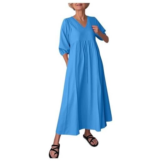 FGVFCS abiti da donna in cotone e lino, taglie forti, abito midi con maniche a 3/4, con tasche, scollo a v, abiti larghi da donna, eleganti abiti da festa, vacanze, spiaggia, prendisole, lavoro
