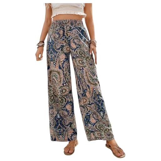 iSpchen pantaloni larghi stampati da donna 2024 moda estiva leggings a vita media stile casual confortevole, blu, xl