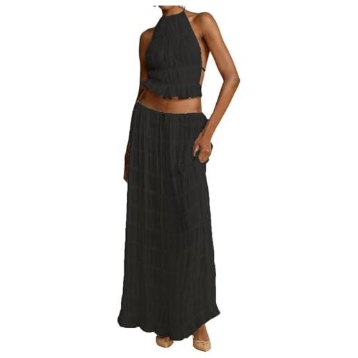 CheJooe estate da donna 2 pezzi maxi gonna set y2k senza maniche crop tank top gilet chiffon fluy volant lungo midi dress set moda abiti beachwear, albicocca, m