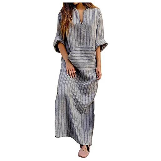 Generic primavera lungo max dress tee shirt abiti per le donne lino manica corta 2024 abiti da sole alla moda vacanza vestibilità larga t-shirt goth estate spiaggia vestiti insegnante strisce manica 3/4, 