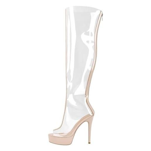blingqueen stivali da donna in pvc trasparente peeptoe plateau con tacco alto sopra il ginocchio, beige. , 41 eu