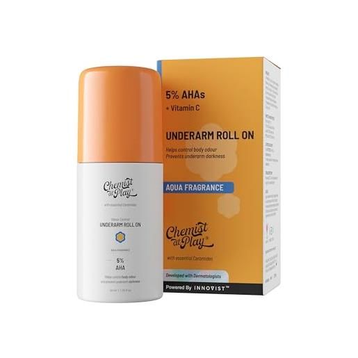 Chemist at Play roll-on per ascelle con 5% aha, acido lattico e mandelico, previene odori, illumina e esfolia pelle sensibile, profumo acqua, senza alcool