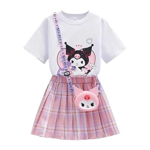 Satdflie anime set 3 pezzi con minigonna plissettata e maglietta maniche corte e borsa a tracolla per ragazze, rosa, s