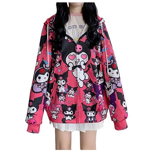 WANHONGYUE kuromi felpa con cappuccio donna ragazze 3d giacca con cerniera y2k hoodie jacket maniche lunghe sweatshirt cappotto rosso m