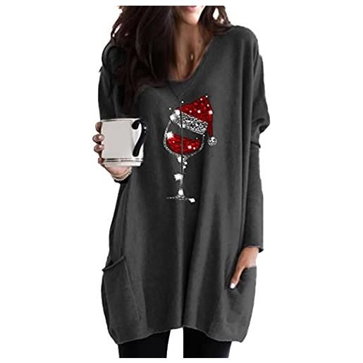 OMZIN donna piccola felpa manica lunga bicchieri vino maglione top cotone felpa natale camicia grigio scuro m