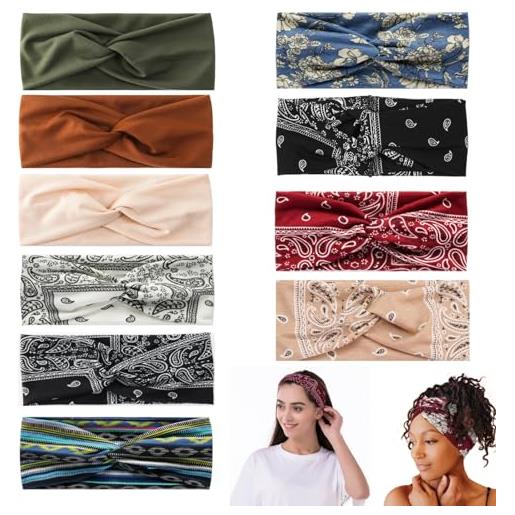 GOTRUST 8pcs fascia capelli donna larga, fasce per capelli boho, criss cross turbante per capelli elastico, headband per yoga sport multicolore
