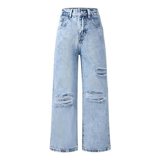 KIDSCOOL SPACE Jeans Colorati A Gamba Larga Per Bambine - Vita Elastica Con Strappi E Spago, Taglie 5-14 Anni