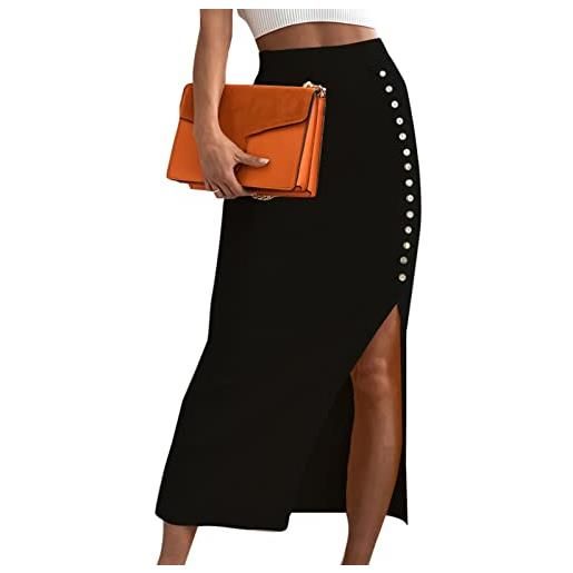 Greensen gonna longuette con bottoni a matita in maglia a costine elastiche alta gonna longuette aderente con spacco laterale(xl-nero)
