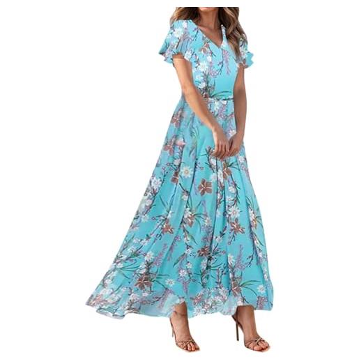 Generic abito estivo da donna, abito lungo, elegante stampa floreale, a maniche corte, scollo a v, abito da spiaggia, in chiffon, maniche svasate, abito da donna, estivo, linea a, maxi abito da festa, leggero
