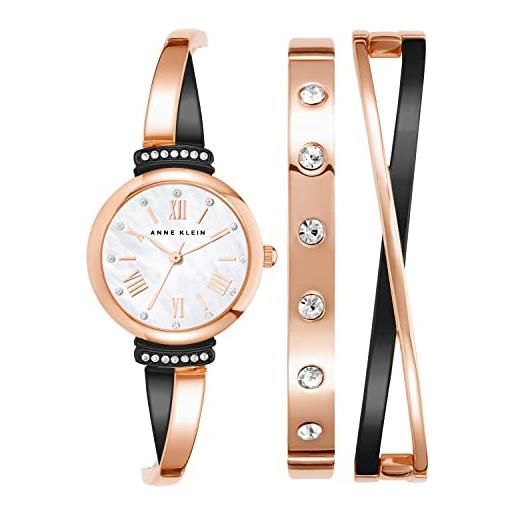 Anne Klein - set con orologio da donna e bracciale rigido, impreziosito da cristalli di alta qualità, oro rosa/grigio canna di fucile